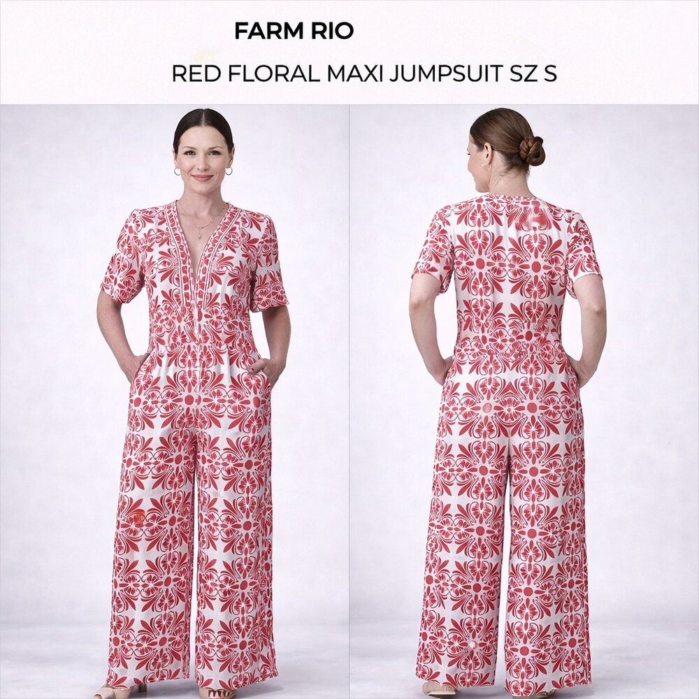 FARM RIO ANTHROPOLOGIE RED FLORAL MAXI JUMPSUIT SZ S